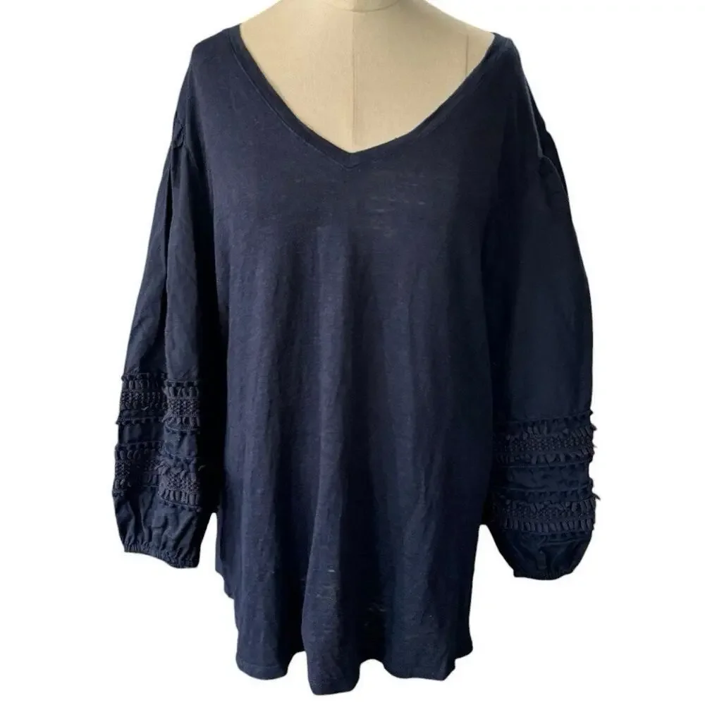 Chicos Navy Blue Linen Shirt Tunic Slub Knit Pom 3/4 Sleeve Size 3 XL
